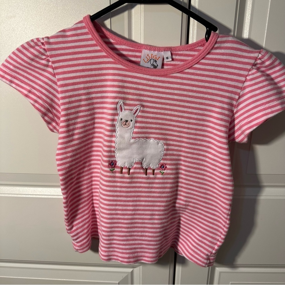 Llama embroidered appliqué size 6 white pink stripe girls short sleeve tee - Picture 1 of 4